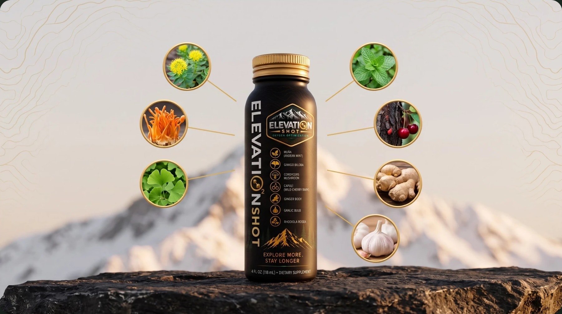 Elevation Shot bottle on a mountain ledge surrounded by its seven ingredients